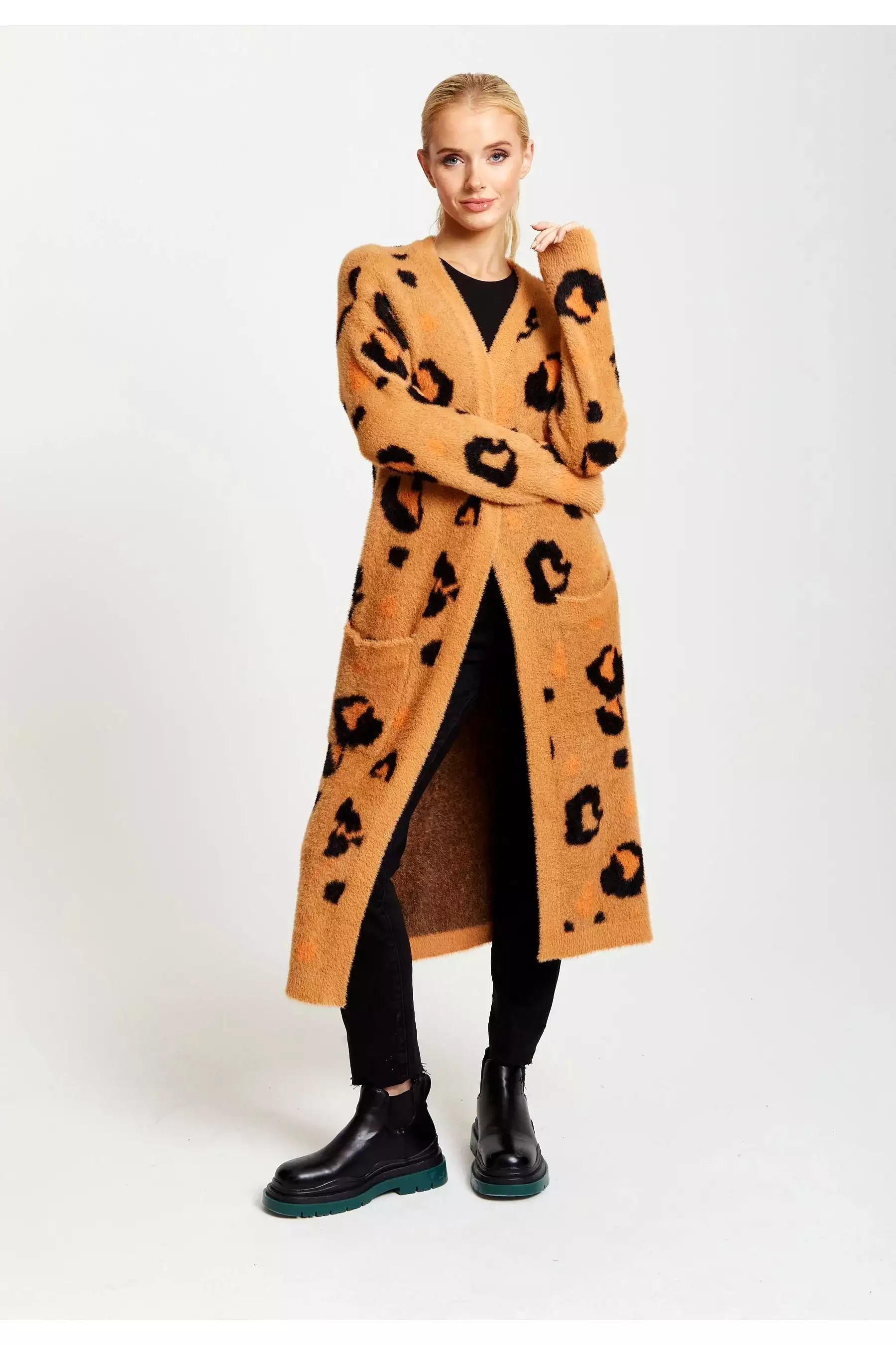 Liquorish Animal Pattern Longline Cardigan In Brown