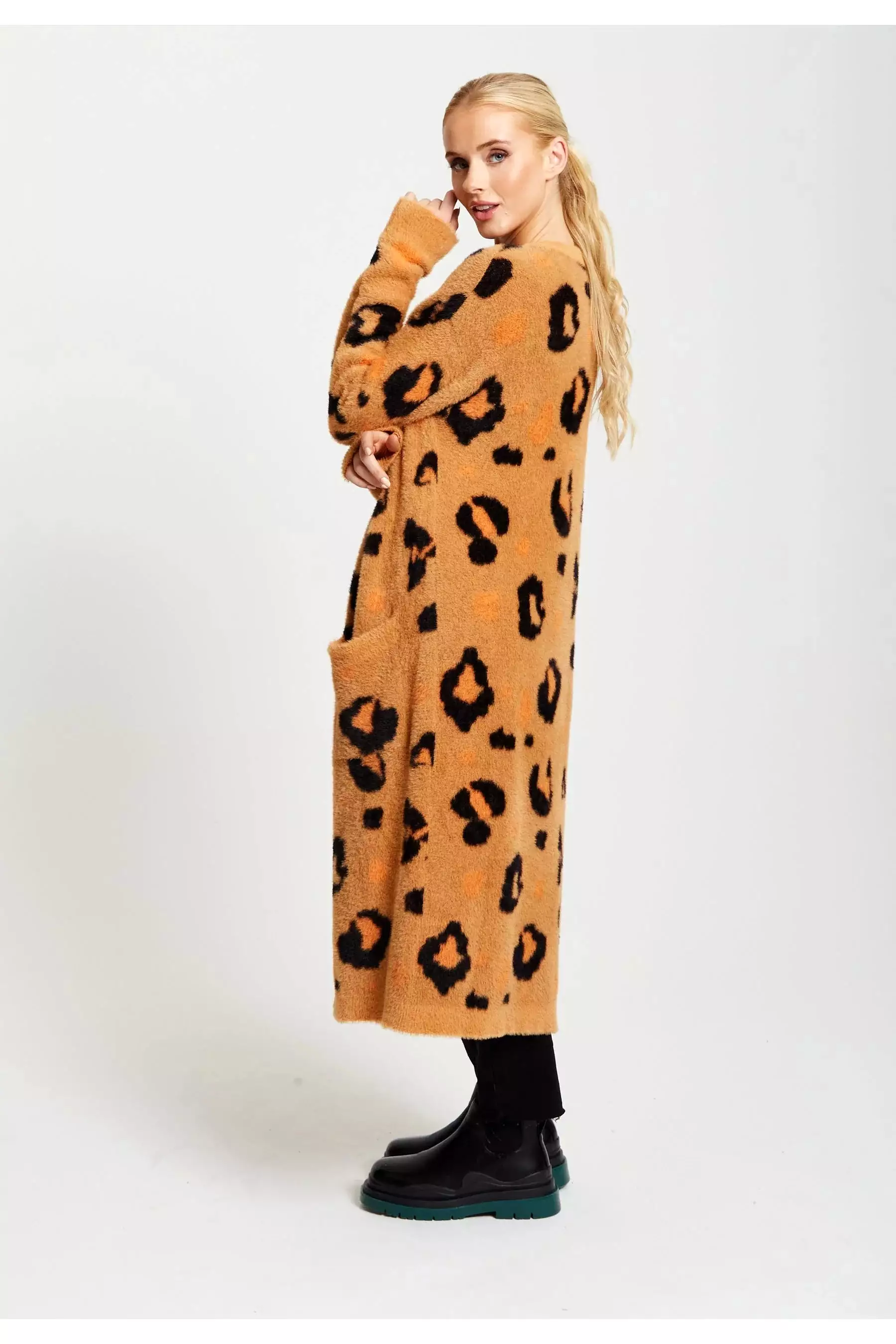 Liquorish Animal Pattern Longline Cardigan In Brown