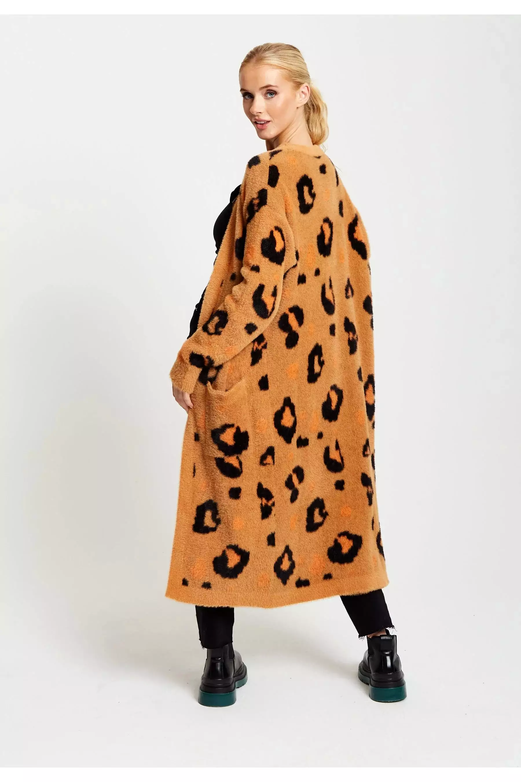 Liquorish Animal Pattern Longline Cardigan In Brown