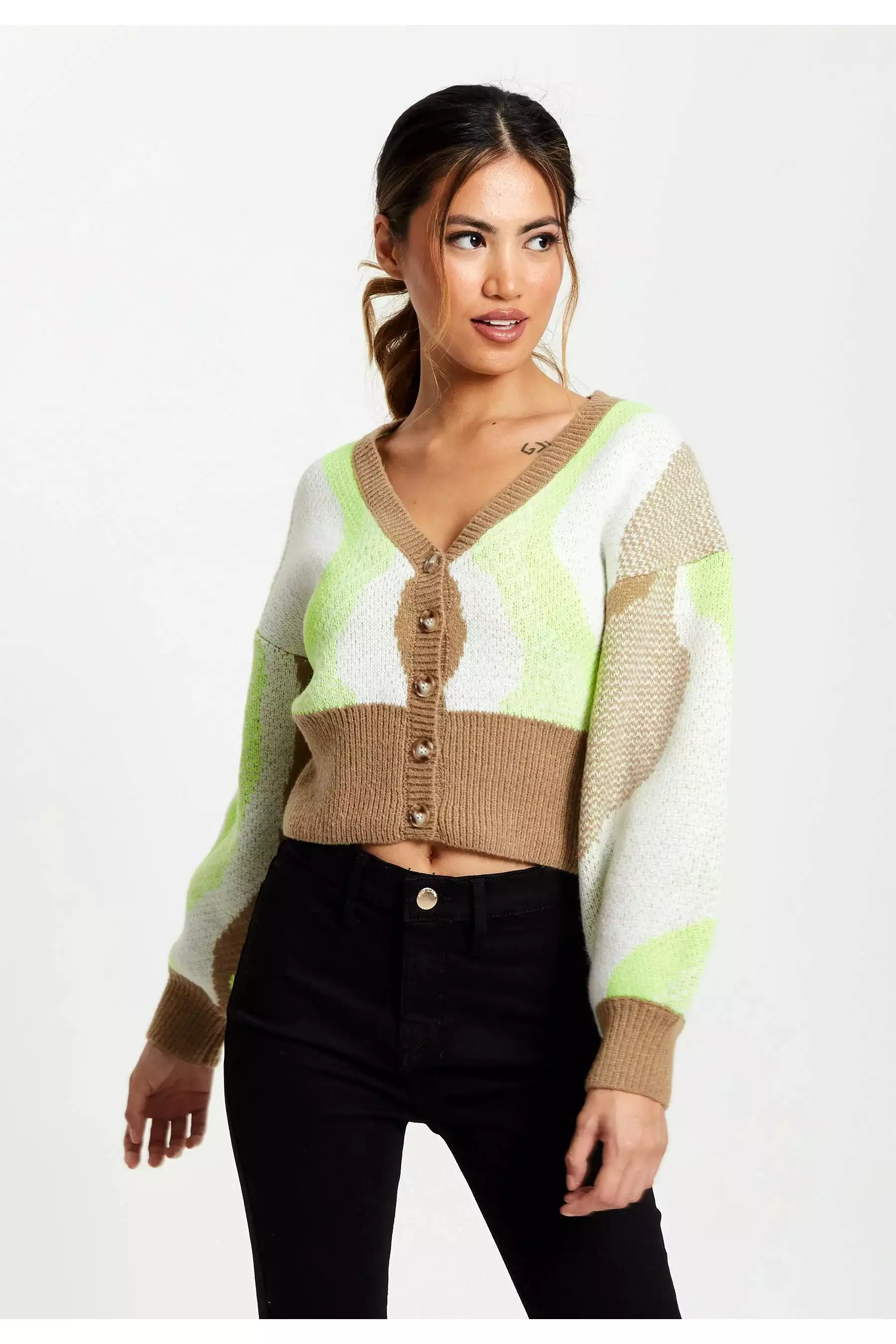 Liquorish Cardigan In Brown, Green And Cream