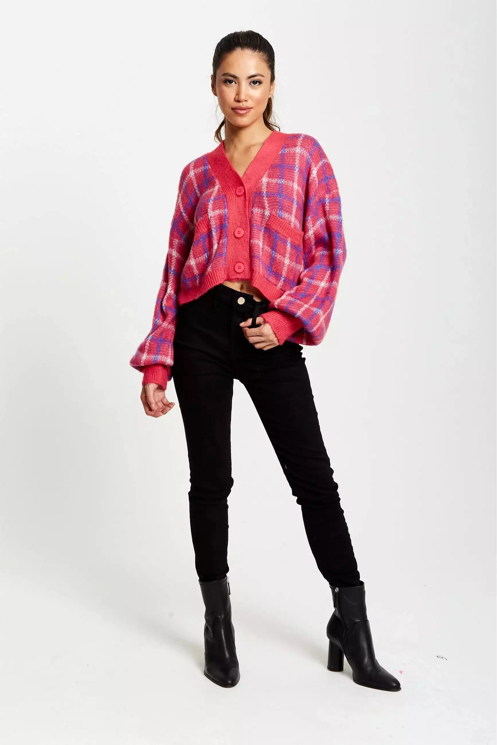 Liquorish Check V-neck Button Down Cardigan In Pink