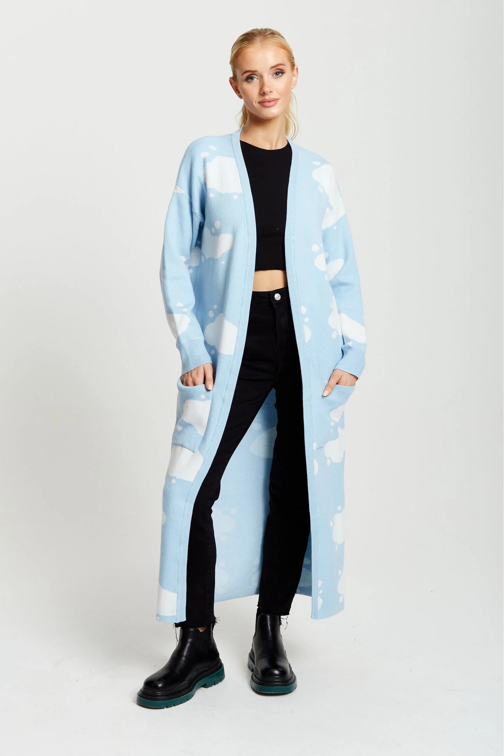 Liquorish Cloud Pattern Longline Cardigan In Light Blue