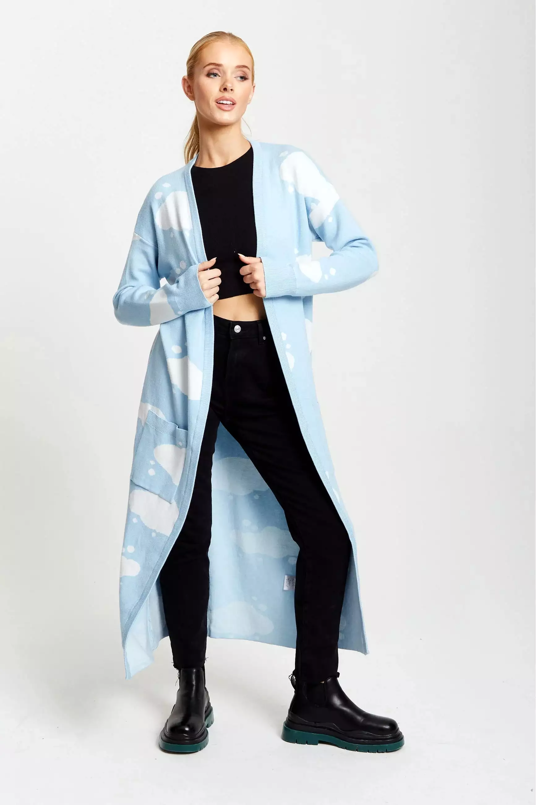 Liquorish Cloud Pattern Longline Cardigan In Light Blue