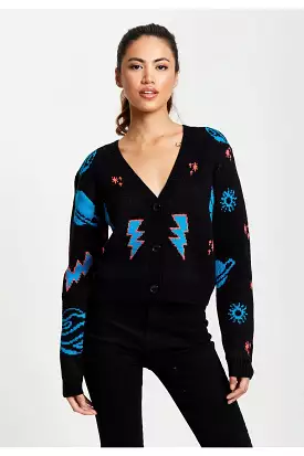 Liquorish Cosmic Pattern Cropped Cardigan In Black