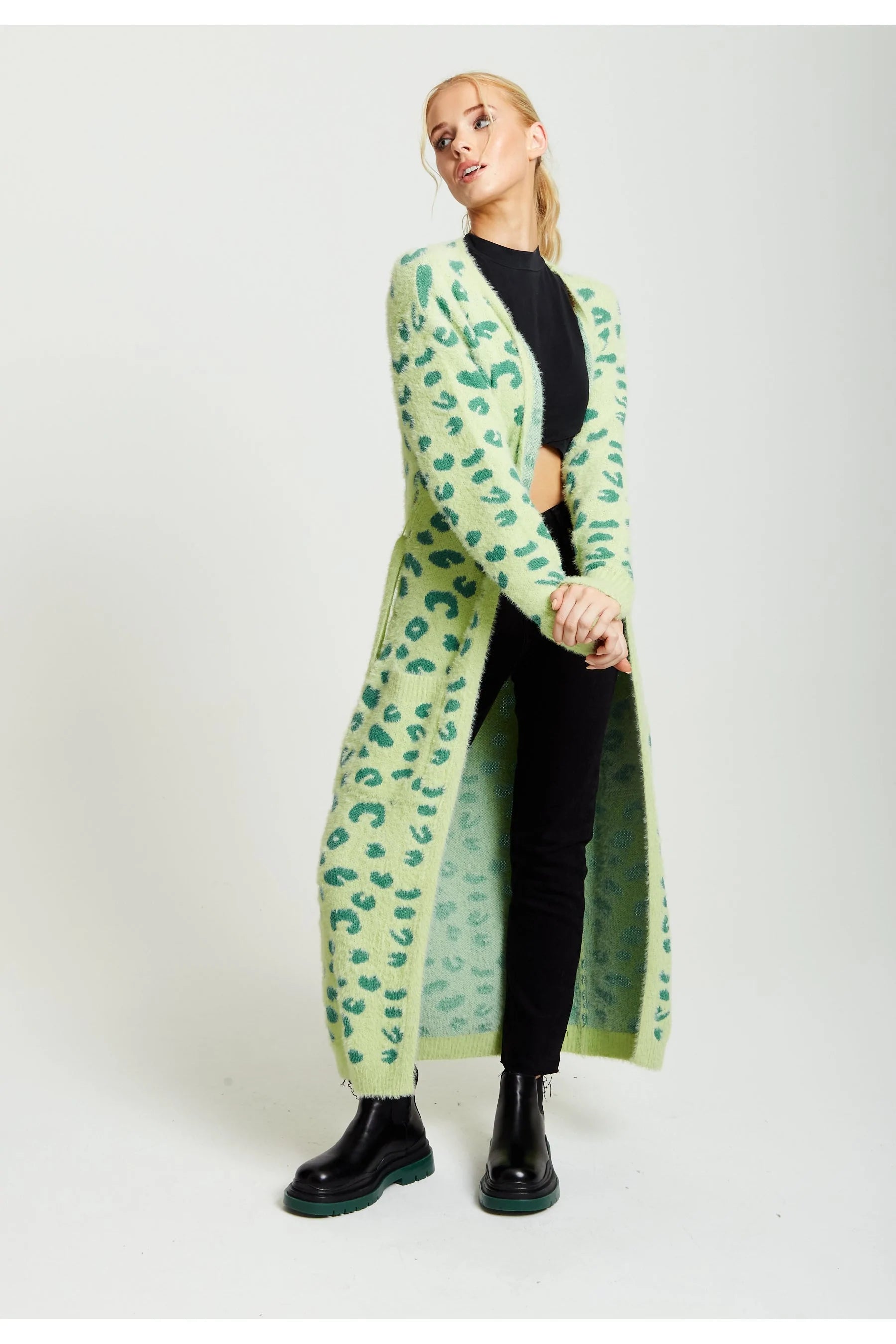 Liquorish Fluffy Longline Cardigan In Green Animal Print