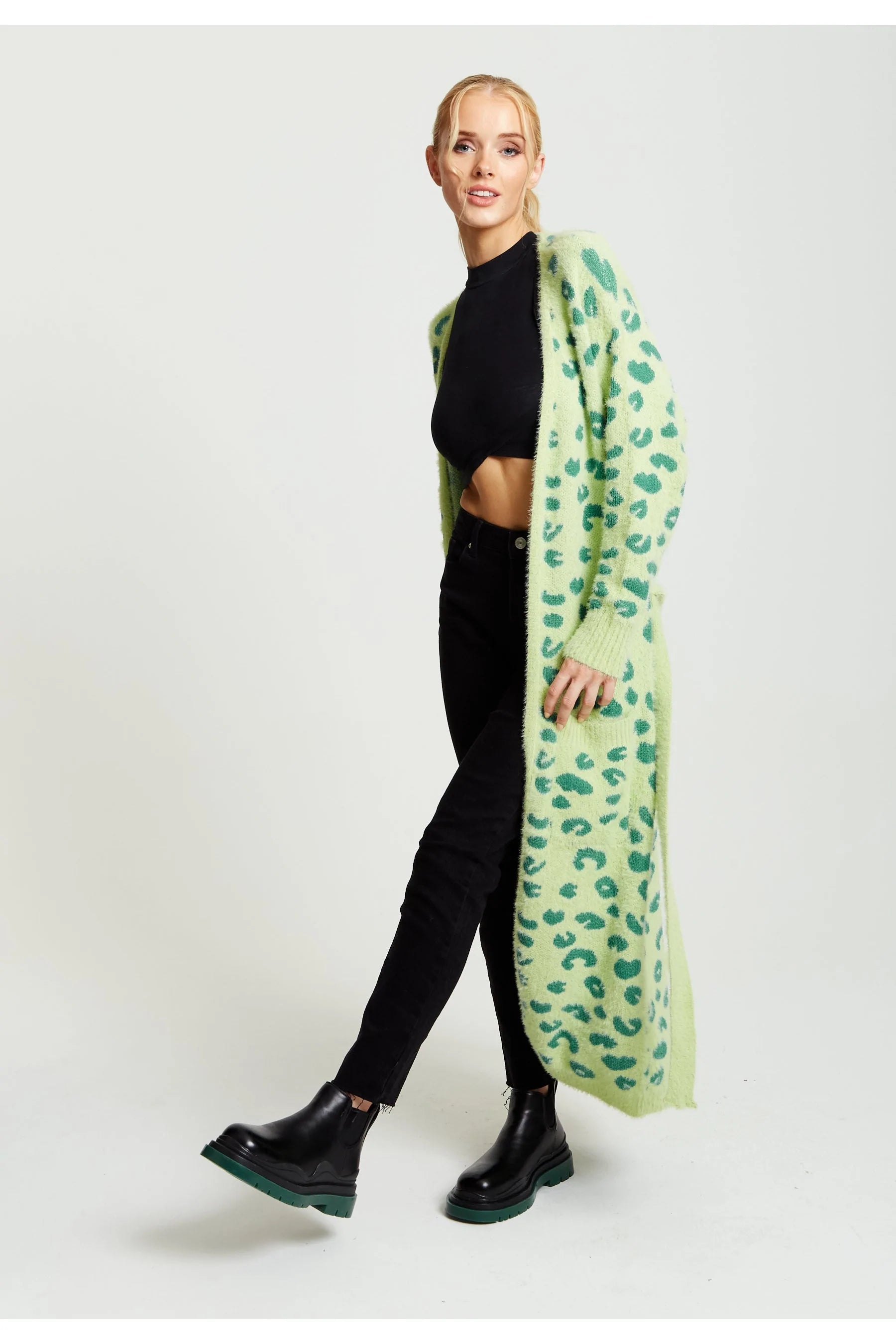 Liquorish Fluffy Longline Cardigan In Green Animal Print