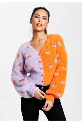 Liquorish Lip Pattern Fluffy Cardigan In Lilac And Orange