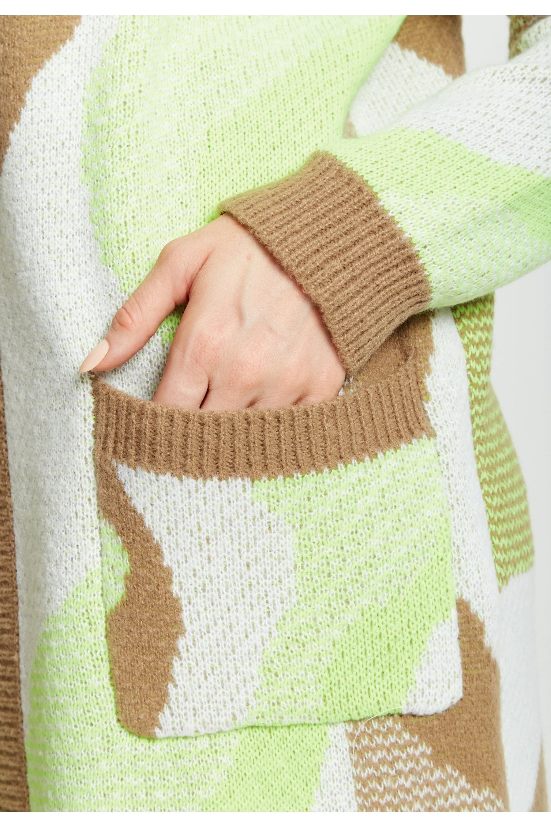 Liquorish Longline Cardigan In Brown, Green And White