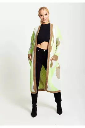 Liquorish Longline Cardigan In Brown, Green And White