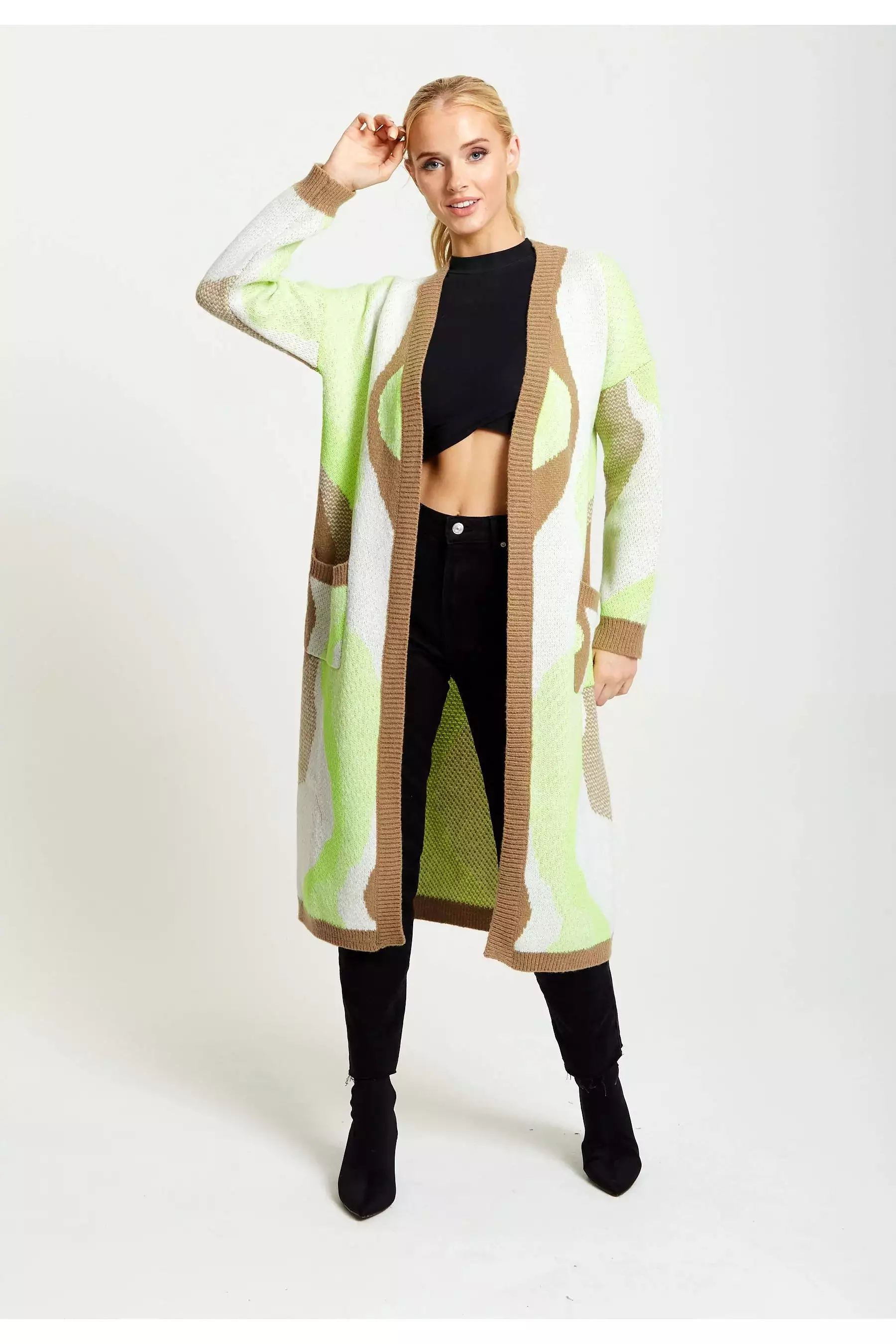 Liquorish Longline Cardigan In Brown, Green And White