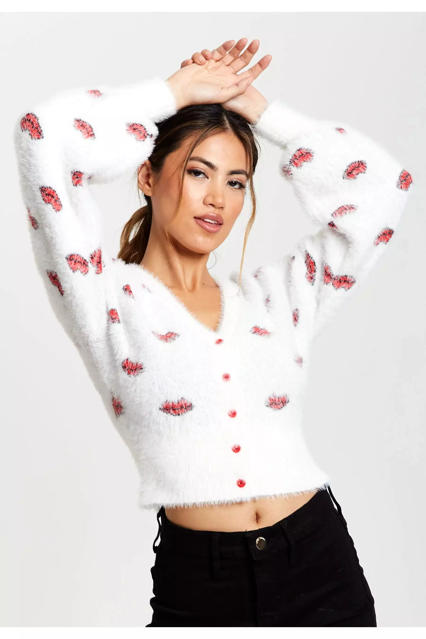 Liquorish Red Lip Pattern Fluffy Cardigan In White