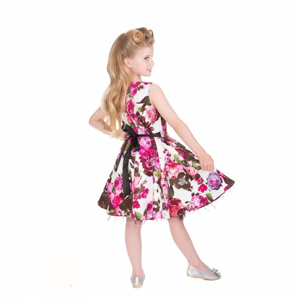 Little Kitty Girl's Cream White and Pink Floral Party Dress