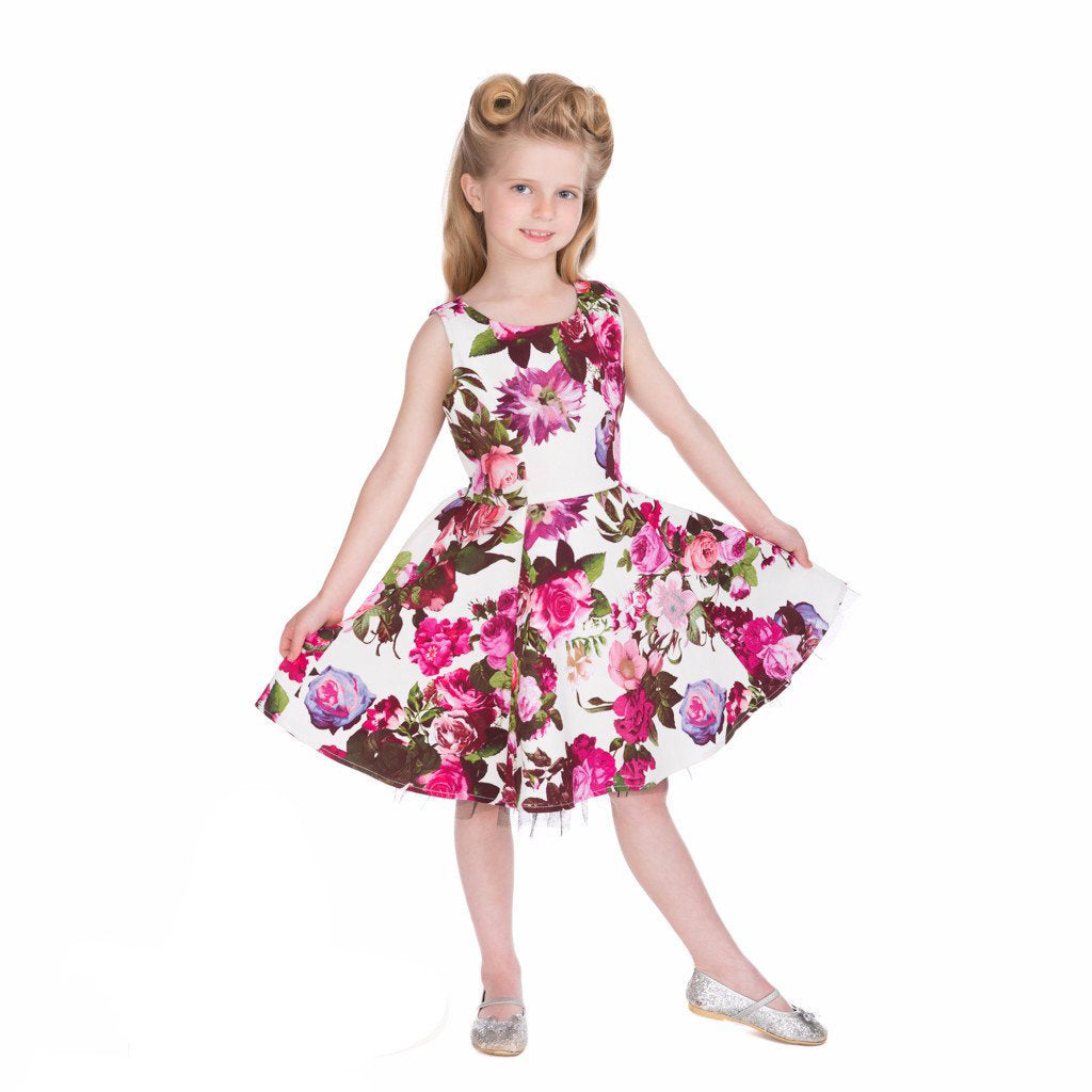 Little Kitty Girl's Cream White and Pink Floral Party Dress