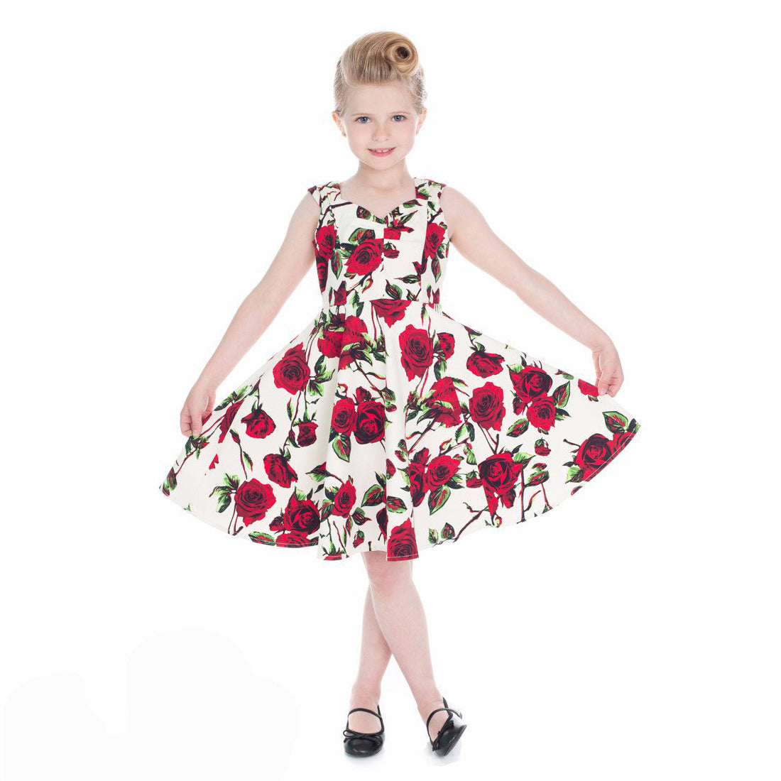 Little Kitty Girl's Cream White Red Rose Floral Party Dress