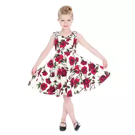 Little Kitty Girl's Cream White Red Rose Floral Party Dress