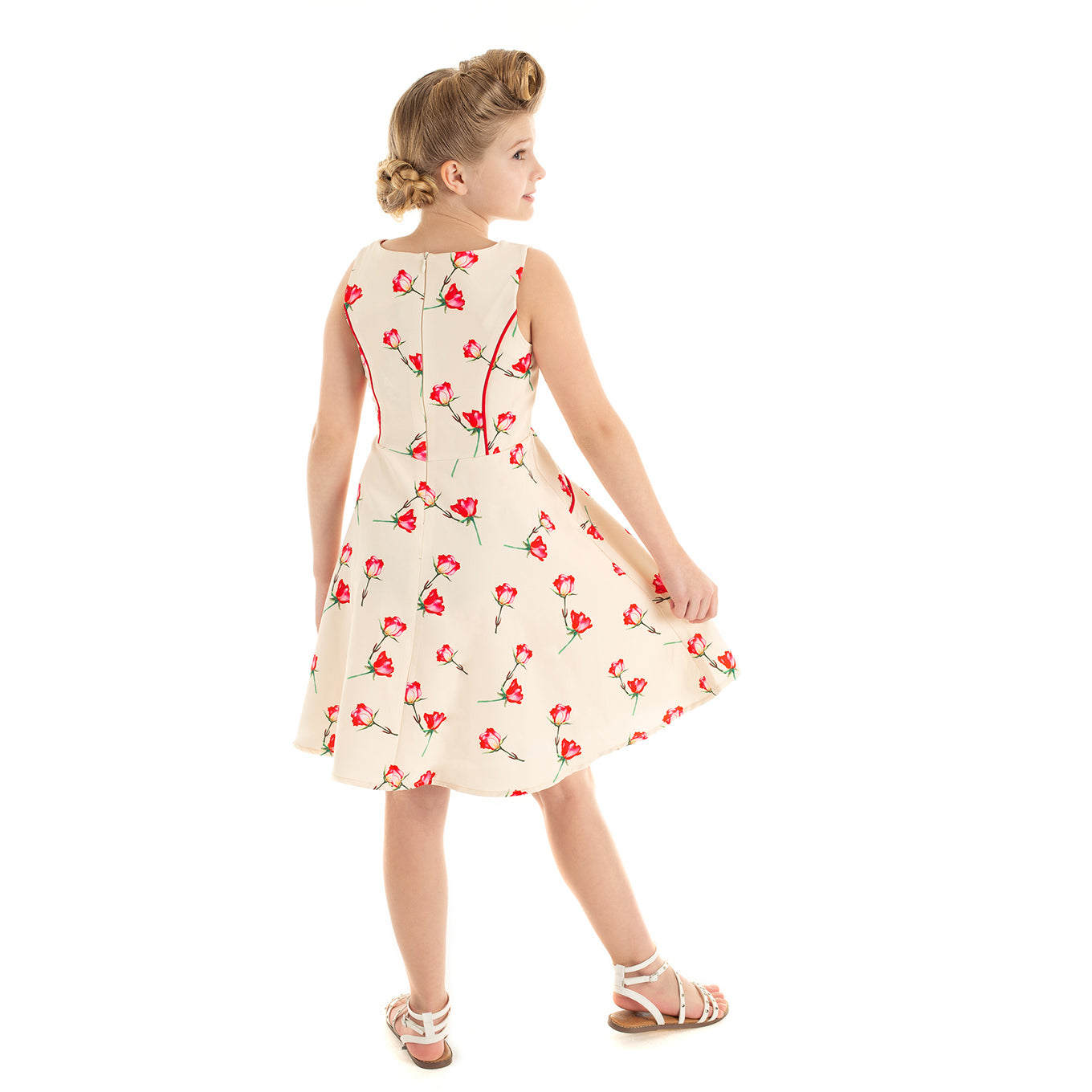 Little Kitty Girl's Off White Red Rose Floral Print Party Dress