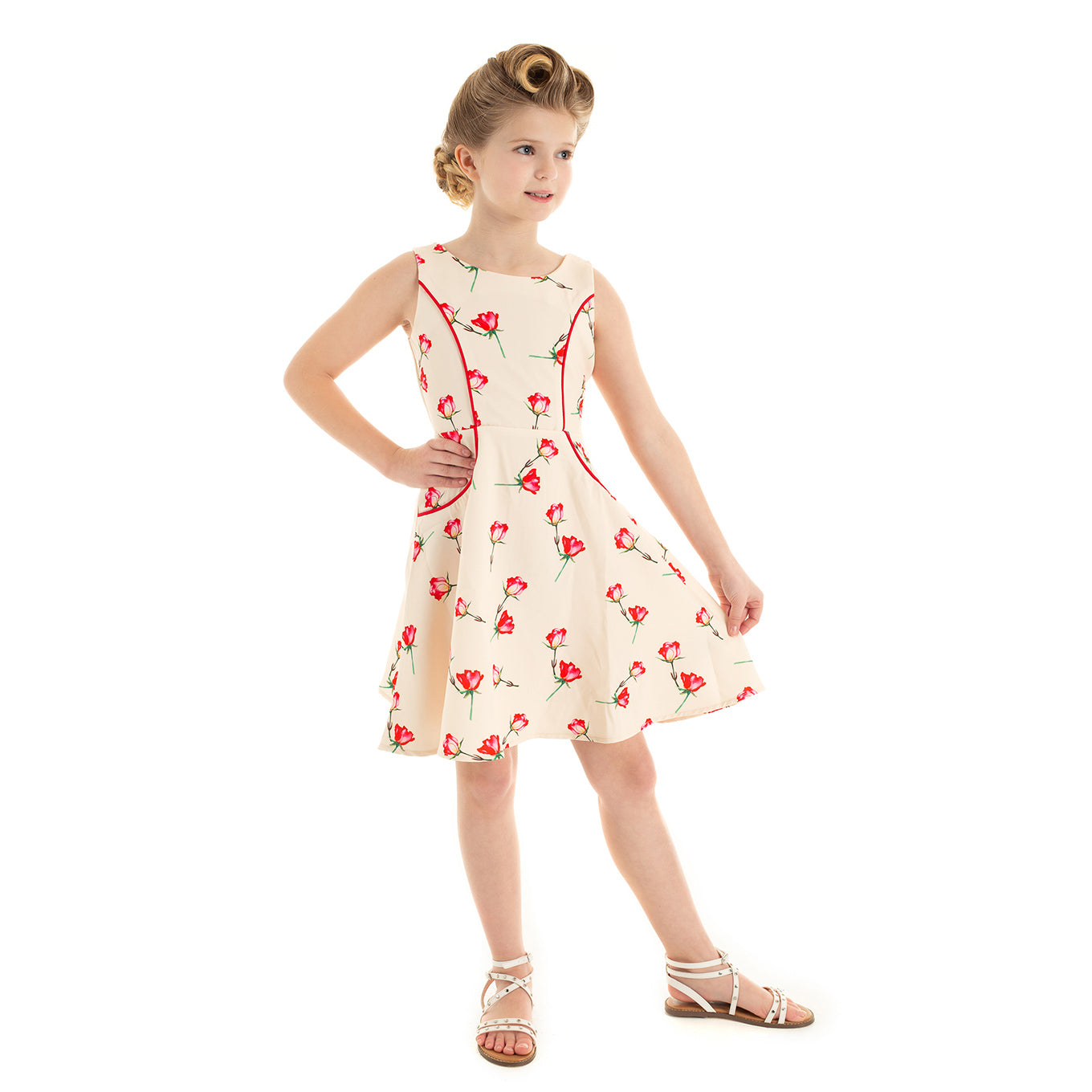 Little Kitty Girl's Off White Red Rose Floral Print Party Dress