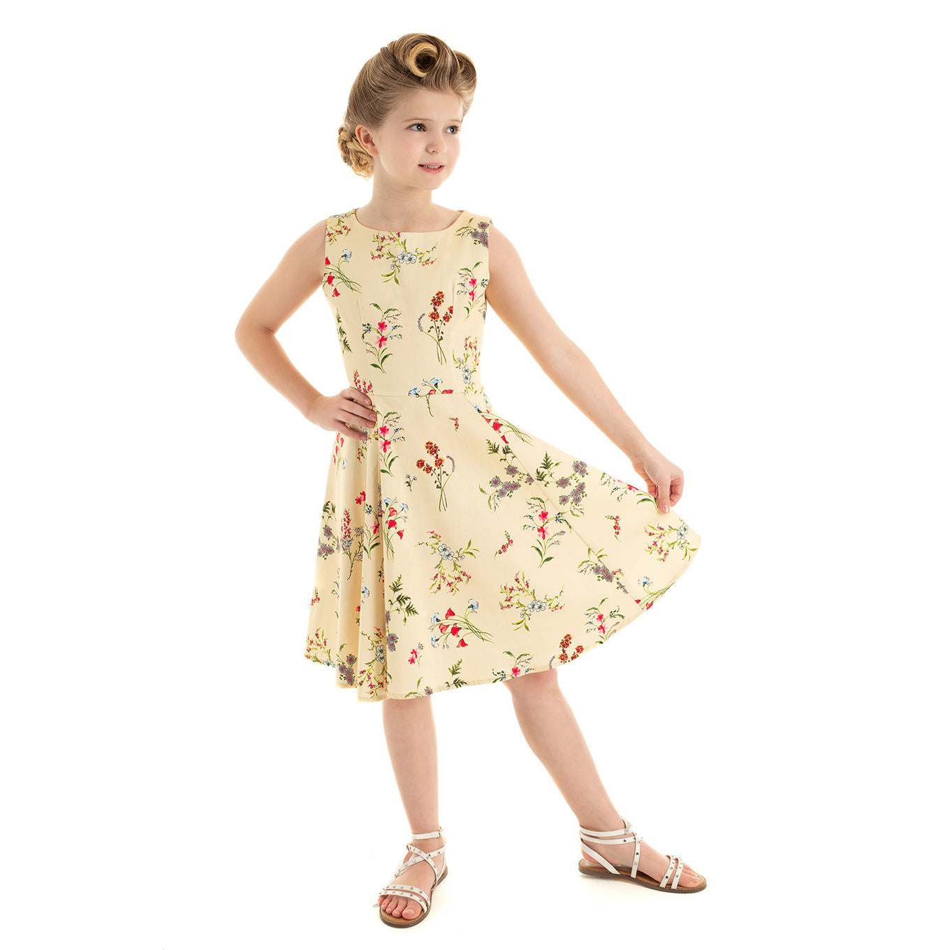 Little Kitty Girl's Pale Yellow Floral Print Party Dress