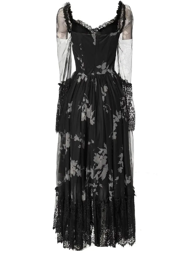 Lola  Flare Sleeve Flower Print Lace Ruffles Vintage Party Backless Long Dress