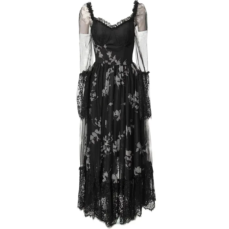 Lola  Flare Sleeve Flower Print Lace Ruffles Vintage Party Backless Long Dress