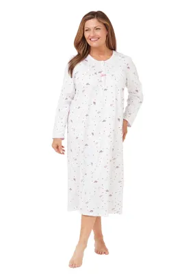 Long Sleeve Leaf Cotton Night Dress - Pink