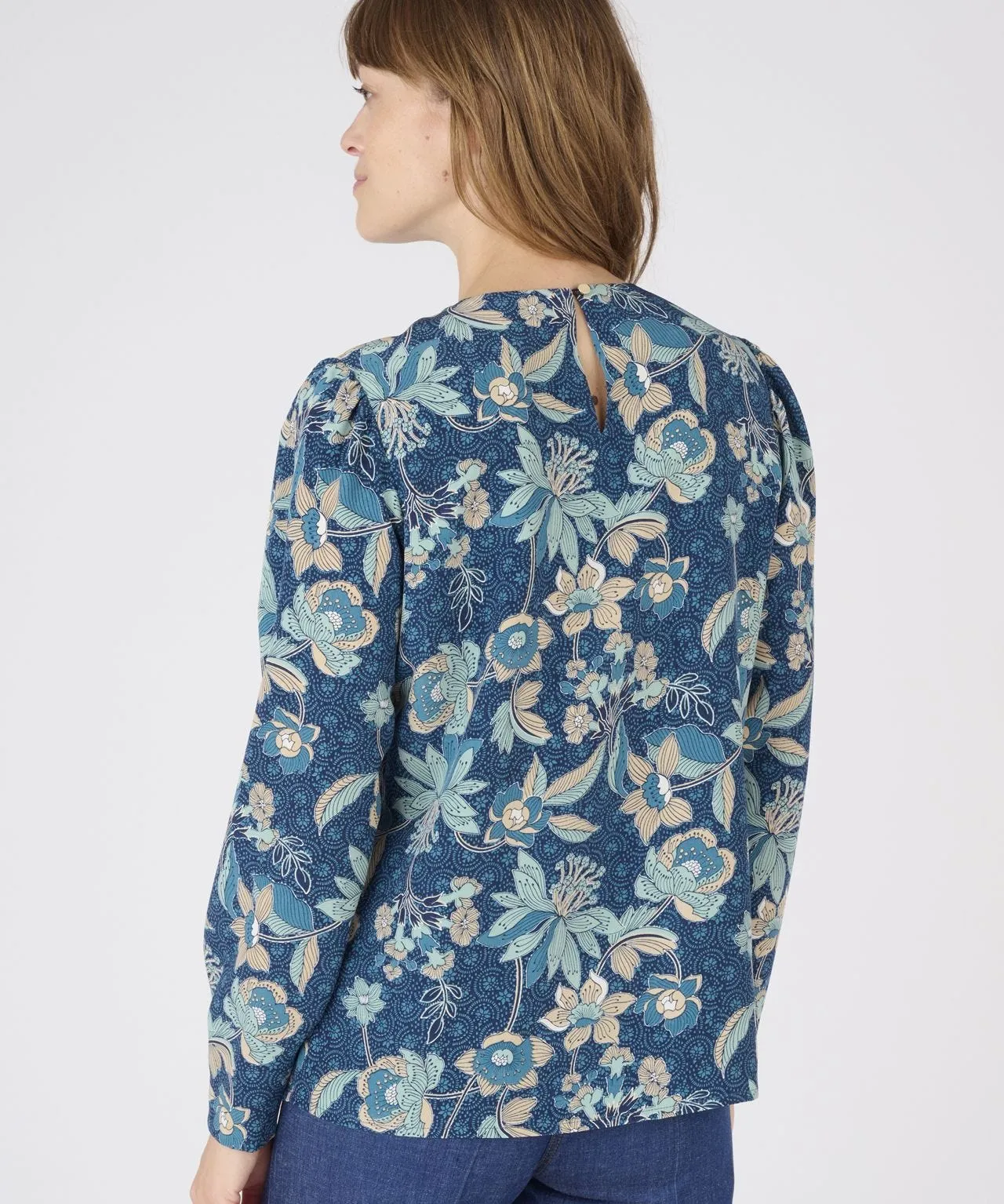 Long Sleeved Neck Detail Printed Blouse