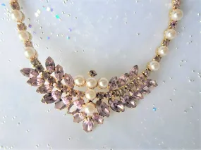 LOVELY Glass and Pearl Vintage Necklace,Pale Lavender Glass Necklace,Evening Wear or Bridal Necklace, Collectible Mid Century Je