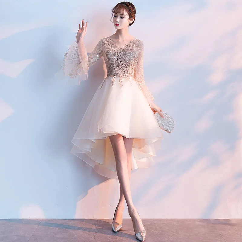 Lovely Ivory High Low Tulle Party Dress with Gold Lace Prom Dress, Cute Homecoming Dress