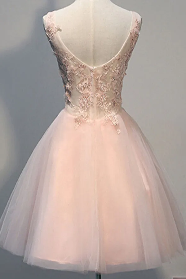 Lovely Tulle V-neckline Pink Party Dresses, Pink Formal Dresses, Homecoming Dresses