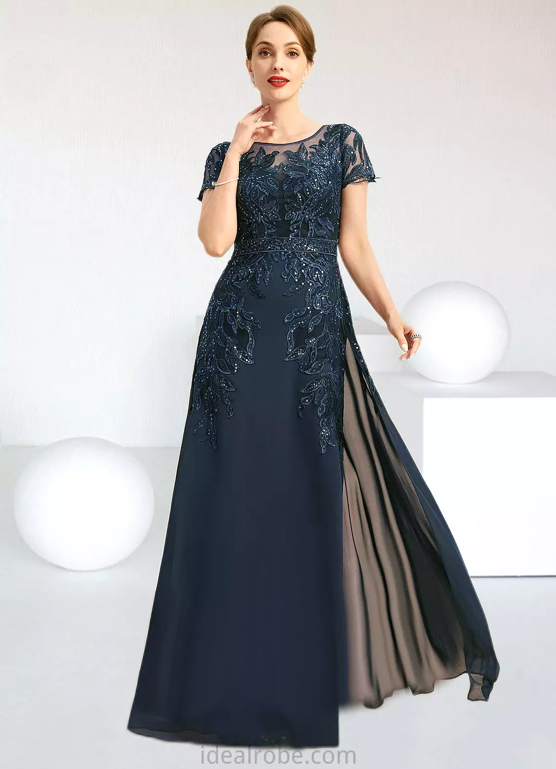 Maya Sheath/Column Scoop Illusion Floor-Length Chiffon Lace Mother of the Bride Dress With Sequins STKP0021709