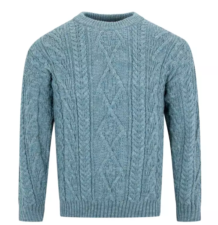 Mens Aran knit jumper - Blue summerstorm 100% British wool. Crew neck