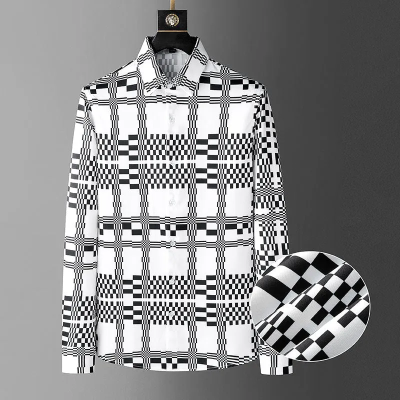 Men's Casual Black White Contrast Grid Print Pattern Long Sleeve Shirt