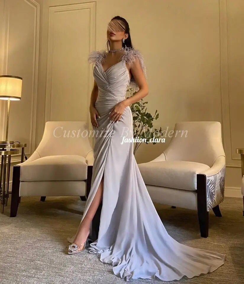 Mermaid Chiffon Long Prom Dresses V Neck Pleated Feathers Side Split Floor Length Saudi Arabia Women Evening Party Dress S309750