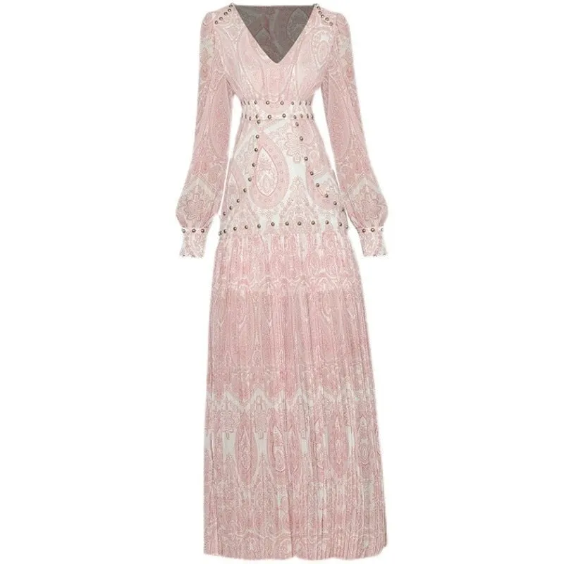 Michelle V-neck Lantern sleeve Beading Pink Printed Pleated Vintage Party Dress