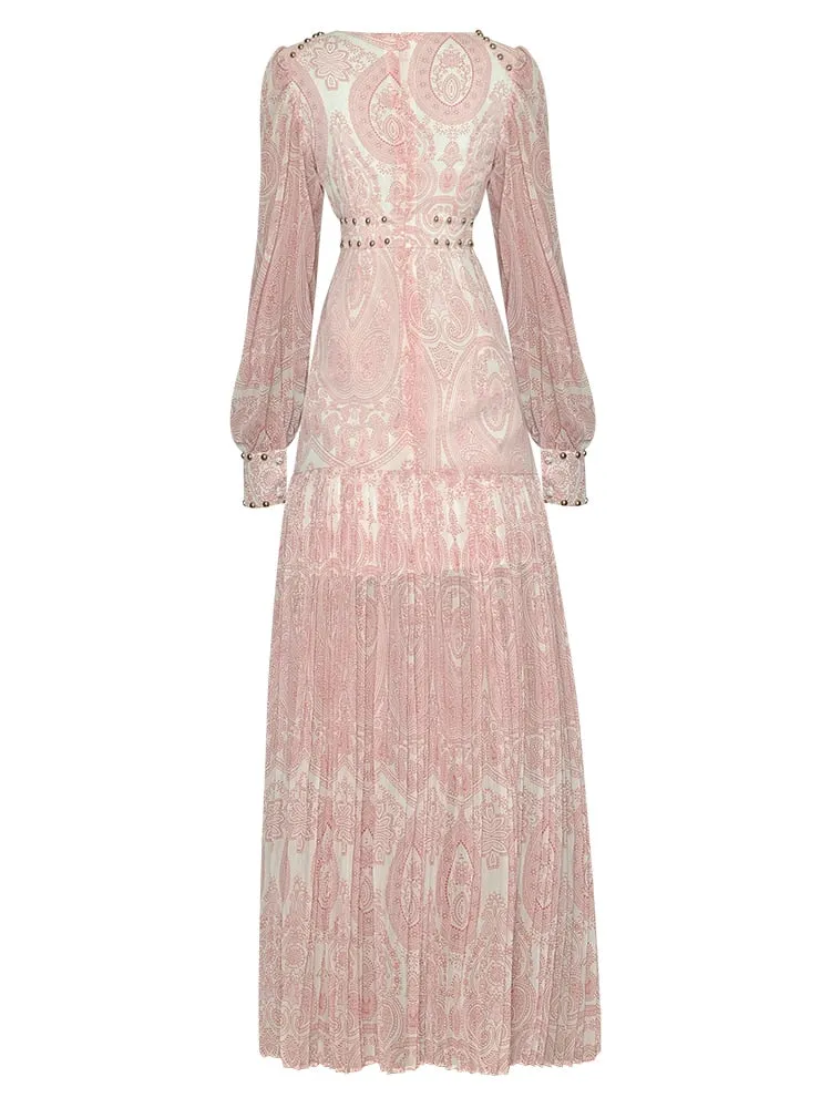 Michelle V-neck Lantern sleeve Beading Pink Printed Pleated Vintage Party Dress