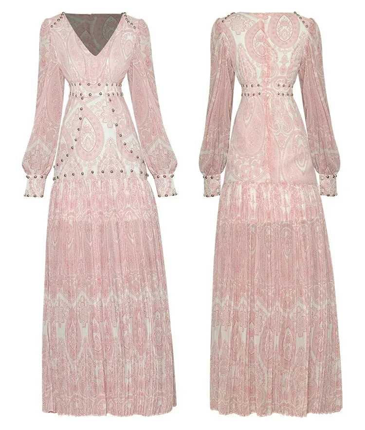 Michelle V-neck Lantern sleeve Beading Pink Printed Pleated Vintage Party Dress