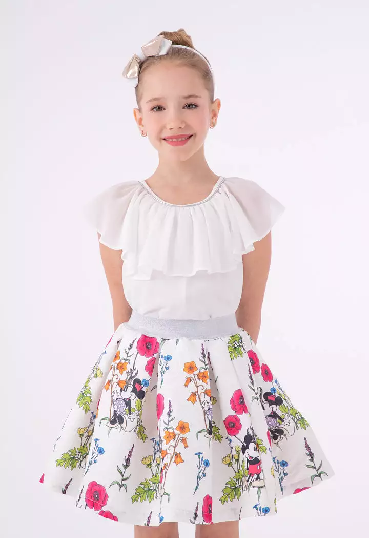 Mickey Mouse Ruffle Overlay Blouse And Jacquard Skirt Set