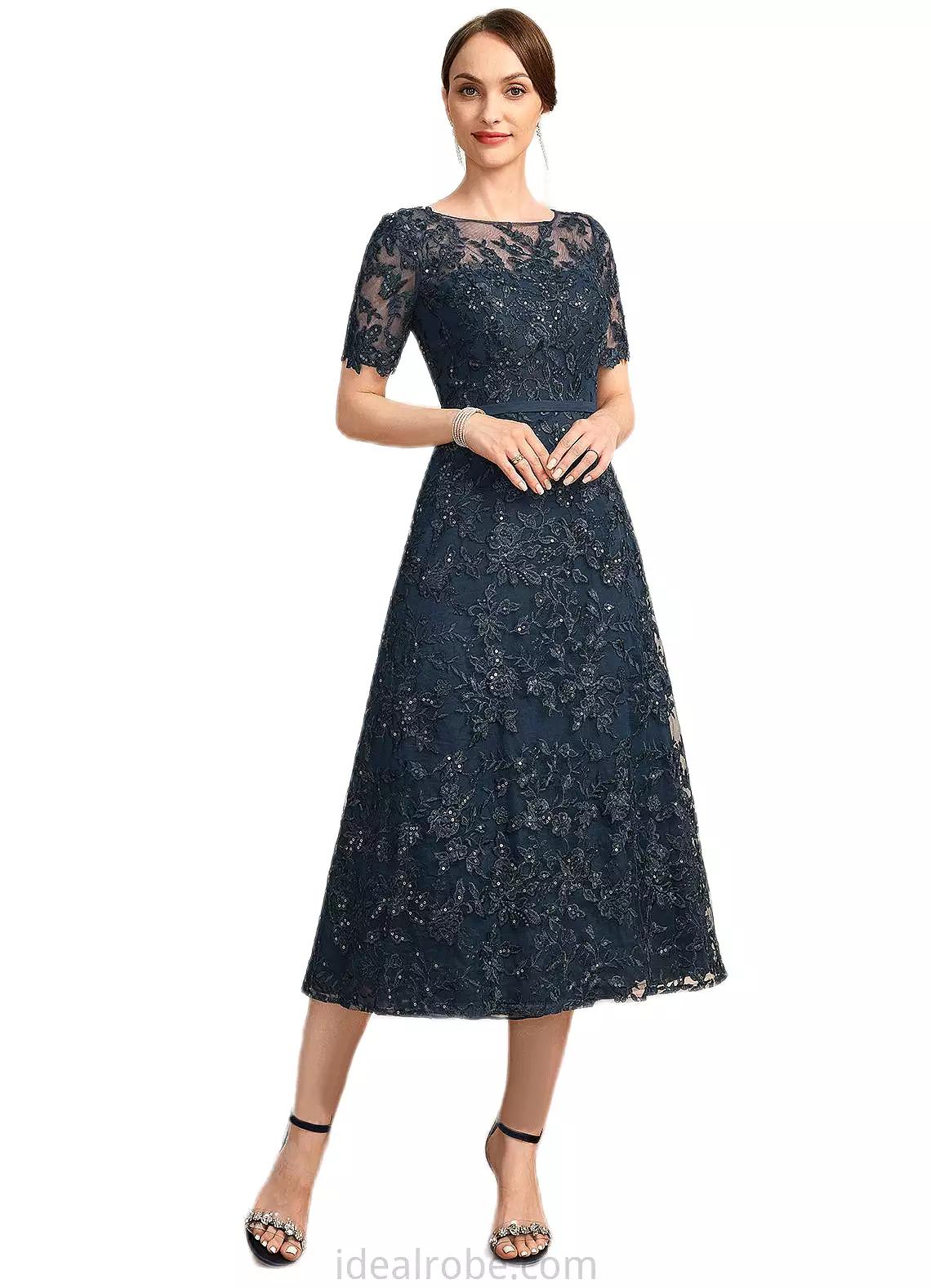 Miracle A-line Scoop Illusion Tea-Length Lace Mother of the Bride Dress With Sequins STKP0021781