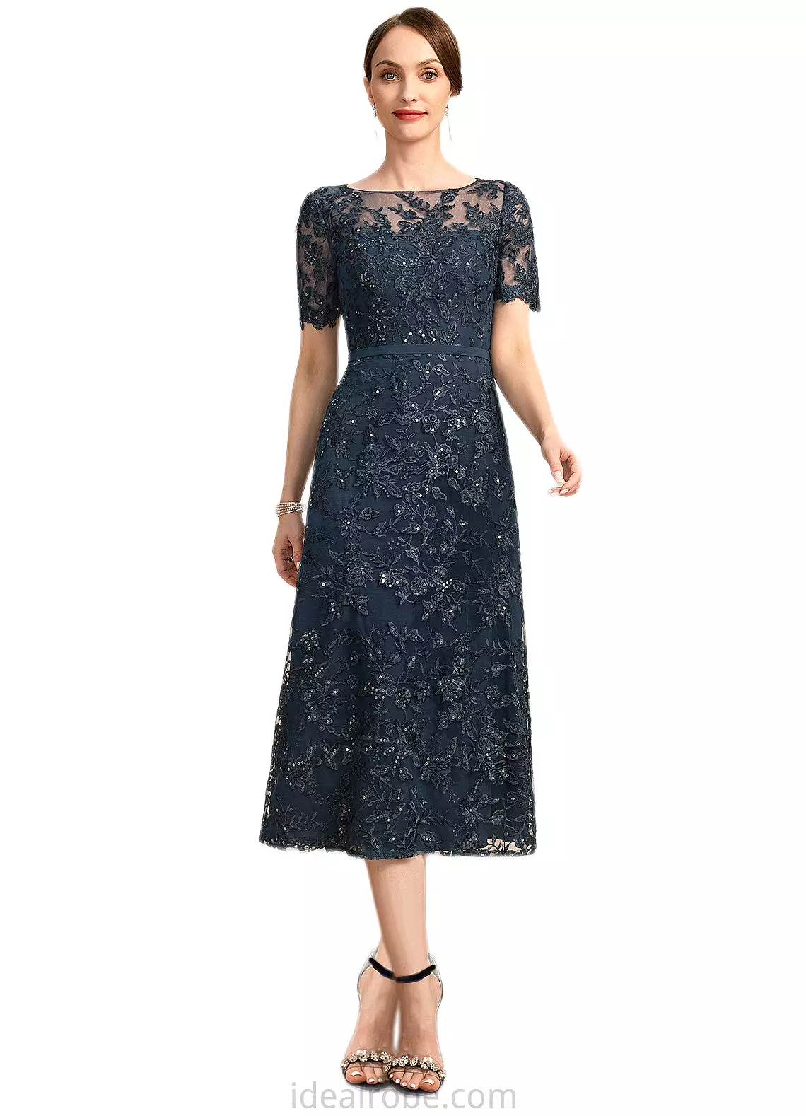 Miracle A-line Scoop Illusion Tea-Length Lace Mother of the Bride Dress With Sequins STKP0021781