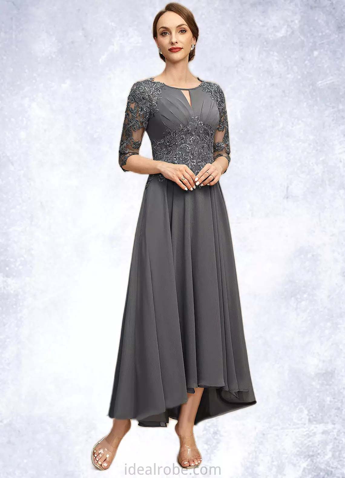 Nancy A-line Scoop Asymmetrical Chiffon Lace Mother of the Bride Dress With Pleated Sequins STKP0021812