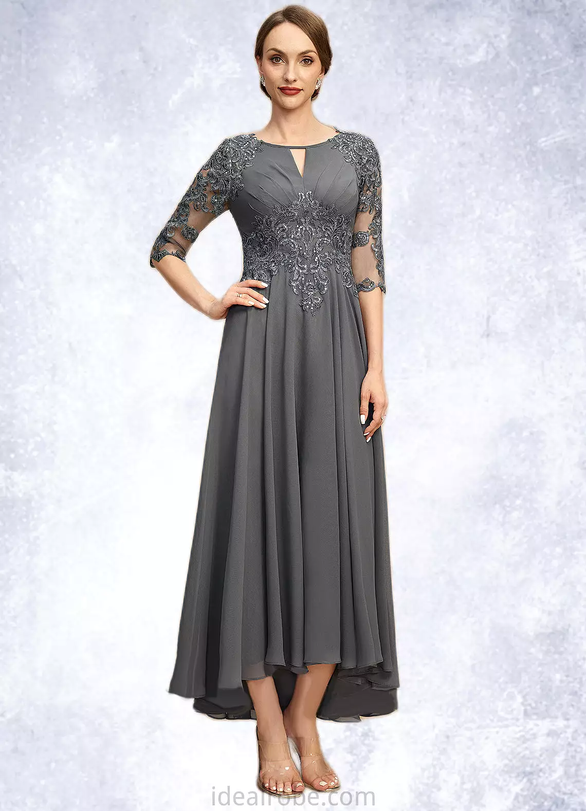 Nancy A-line Scoop Asymmetrical Chiffon Lace Mother of the Bride Dress With Pleated Sequins STKP0021812