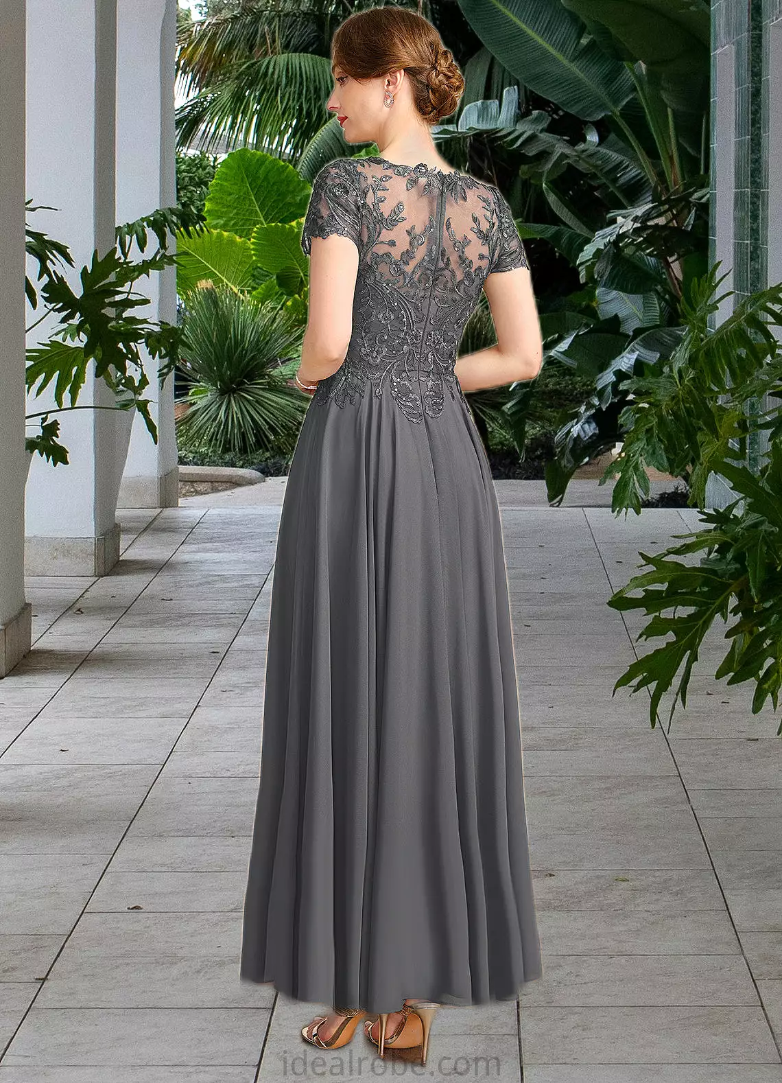 Naomi A-line V-Neck Illusion Ankle-Length Chiffon Lace Mother of the Bride Dress With Sequins STKP0021830