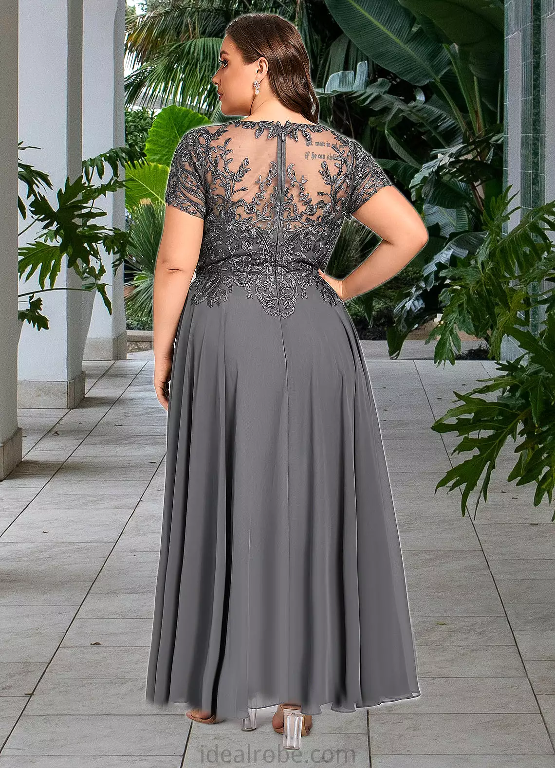 Naomi A-line V-Neck Illusion Ankle-Length Chiffon Lace Mother of the Bride Dress With Sequins STKP0021830