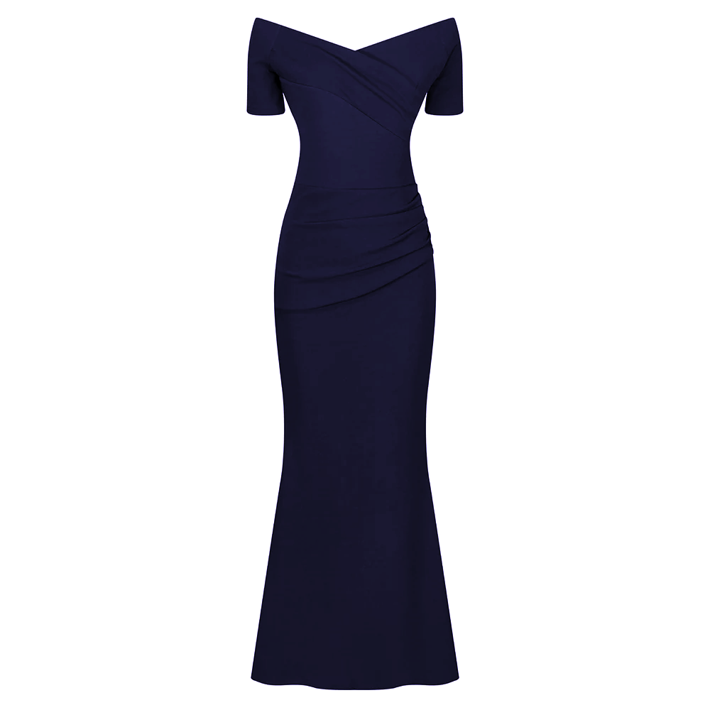 Navy Blue Bardot Capped Sleeve Maxi Dress