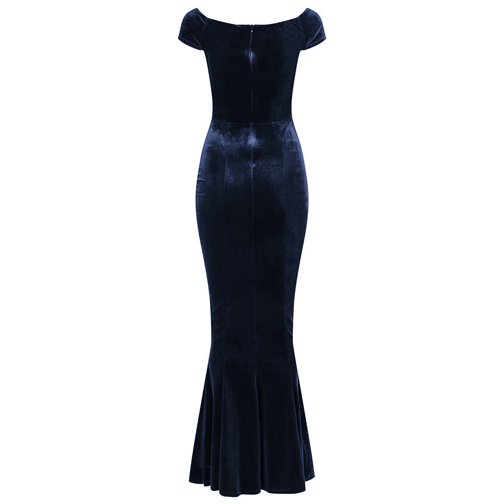 Navy Blue Cap Sleeve Crossover Bust Fishtail Hem Velour Maxi Dress