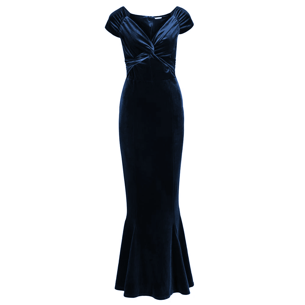 Navy Blue Cap Sleeve Twist Bust Fishtail Hem Velour Maxi Dress