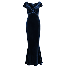 Navy Blue Cap Sleeve Twist Bust Fishtail Hem Velour Maxi Dress