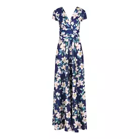 Navy Floral Print Cap Sleeve Wrapover Maxi Dress