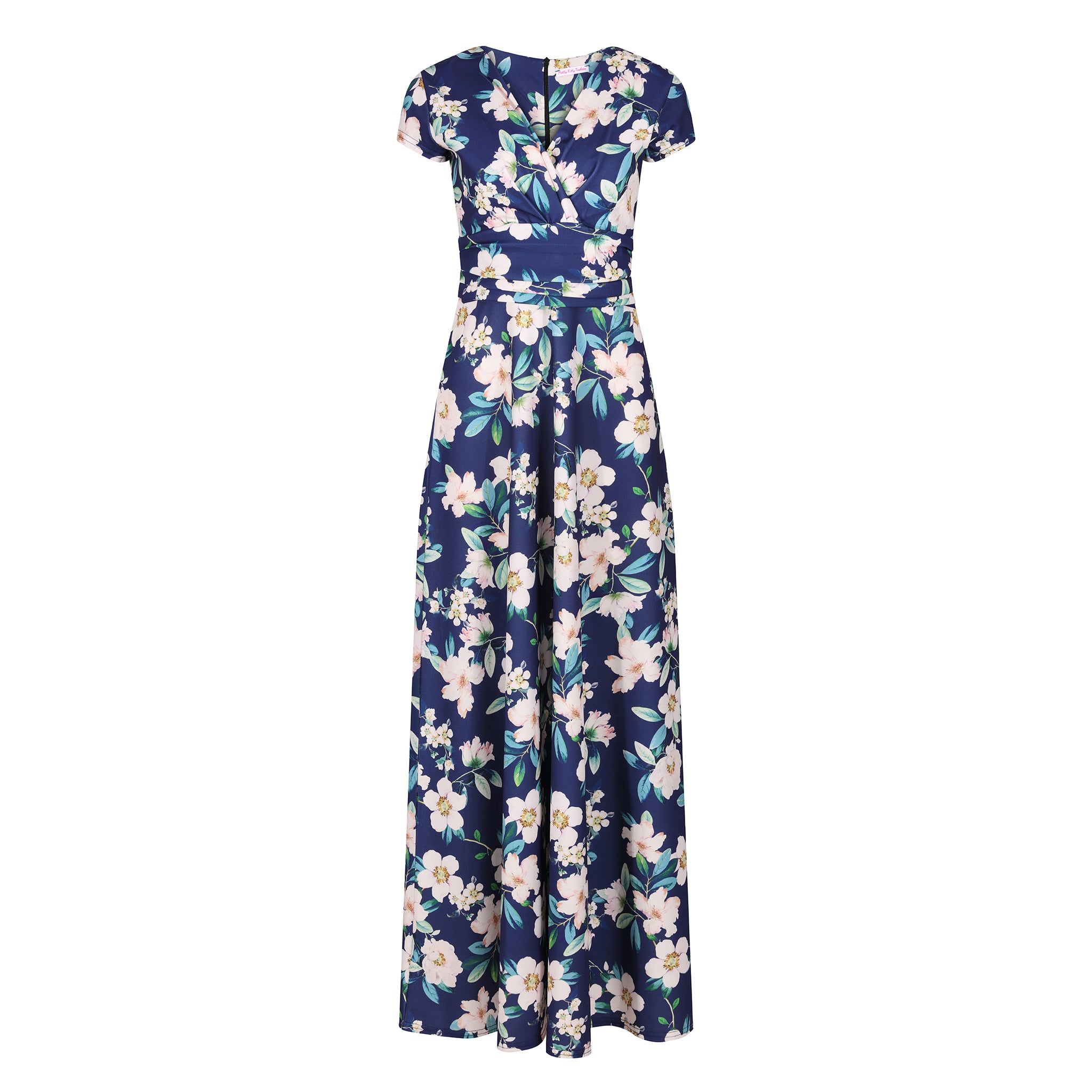 Navy Floral Print Cap Sleeve Wrapover Maxi Dress