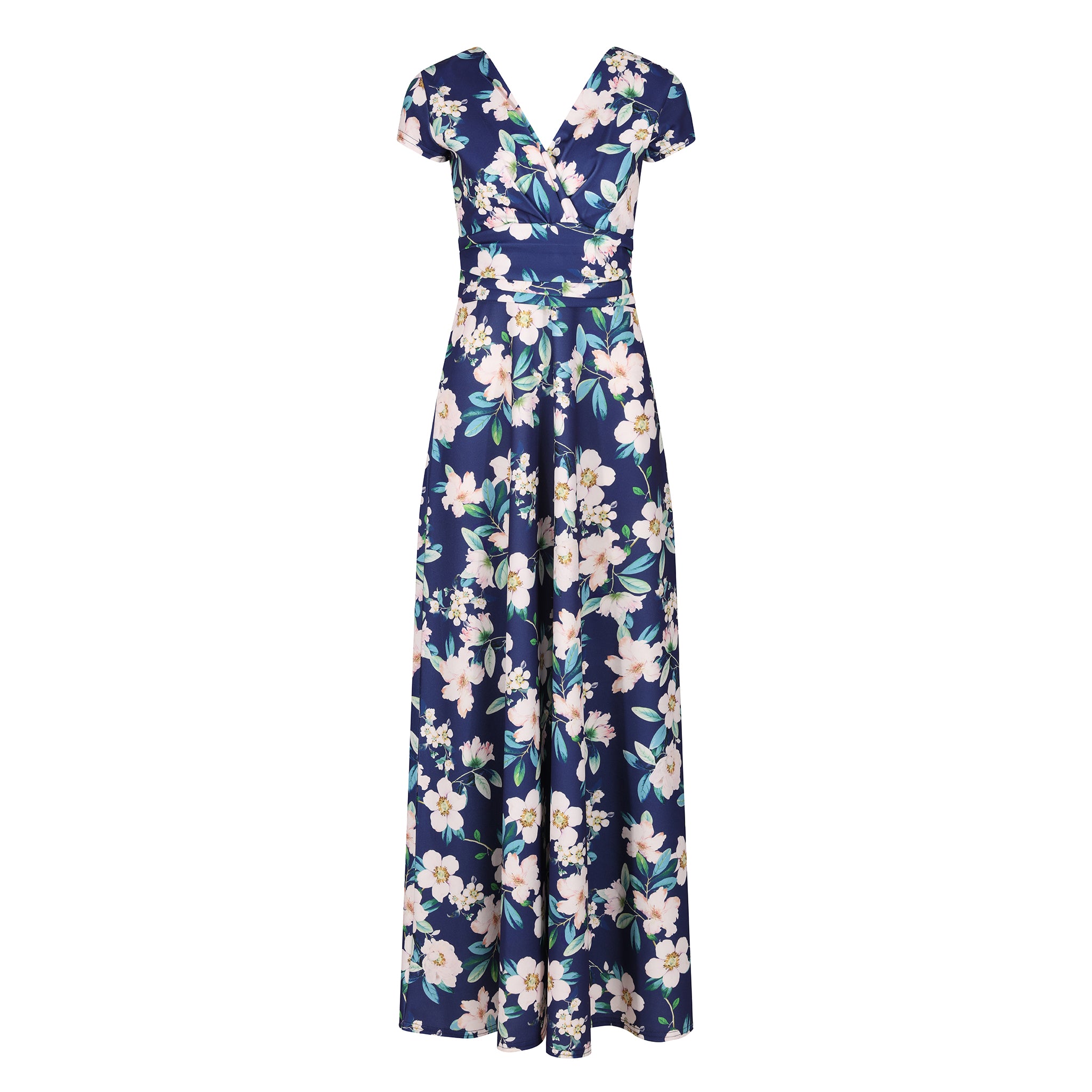 Navy Floral Print Cap Sleeve Wrapover Maxi Dress